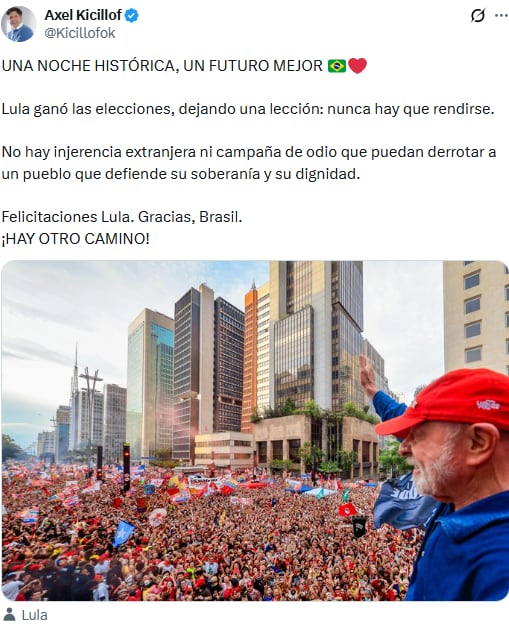 Axel Kicillof celebró el triunfo de Lula: “Una noche histórica”