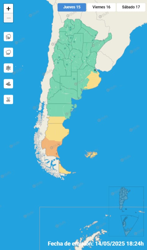 Mapa de alertas para este jueves 15 de mayo