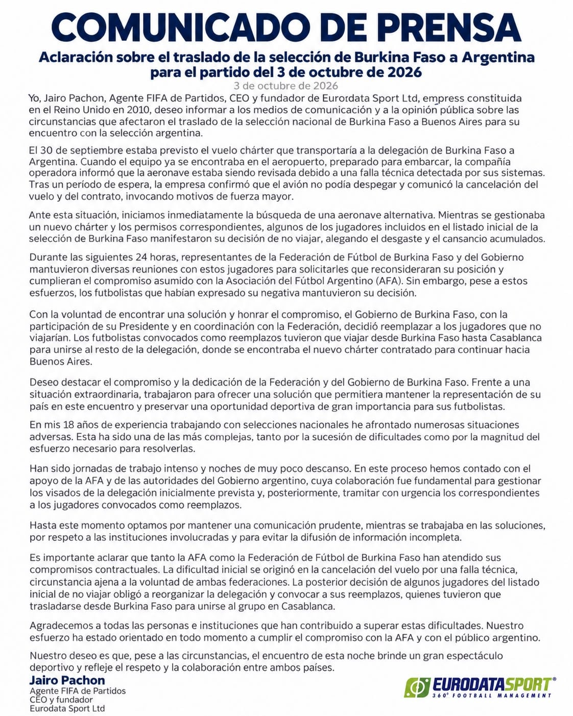El comunicado de prensa de los organizadores del partido con Burkina Faso