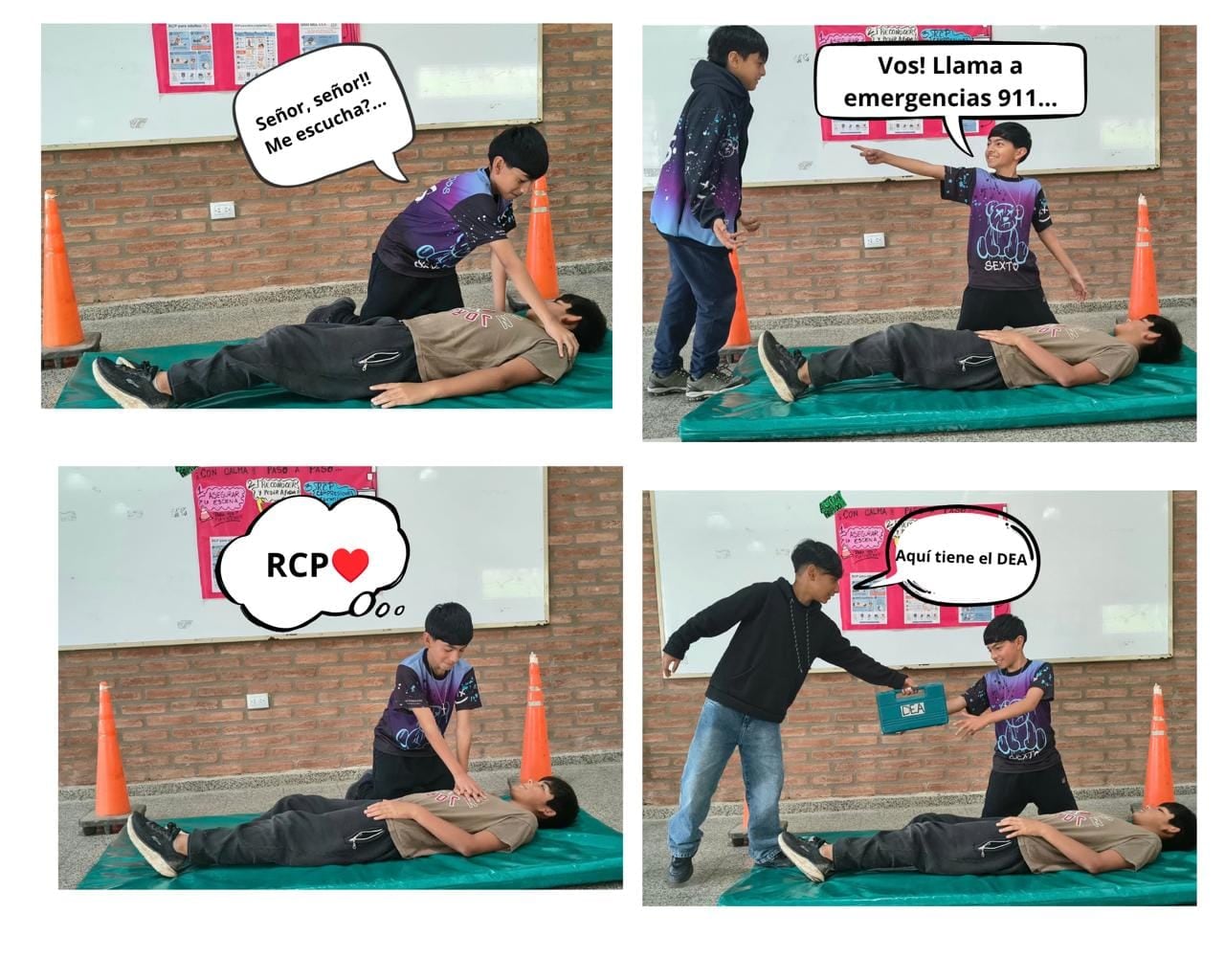 Un cómic con cuatro fotografías de una actividad escolar fue uno de los recursos elegidos por alumnos para detallar cómo actuar con RCP y el uso de un DEA