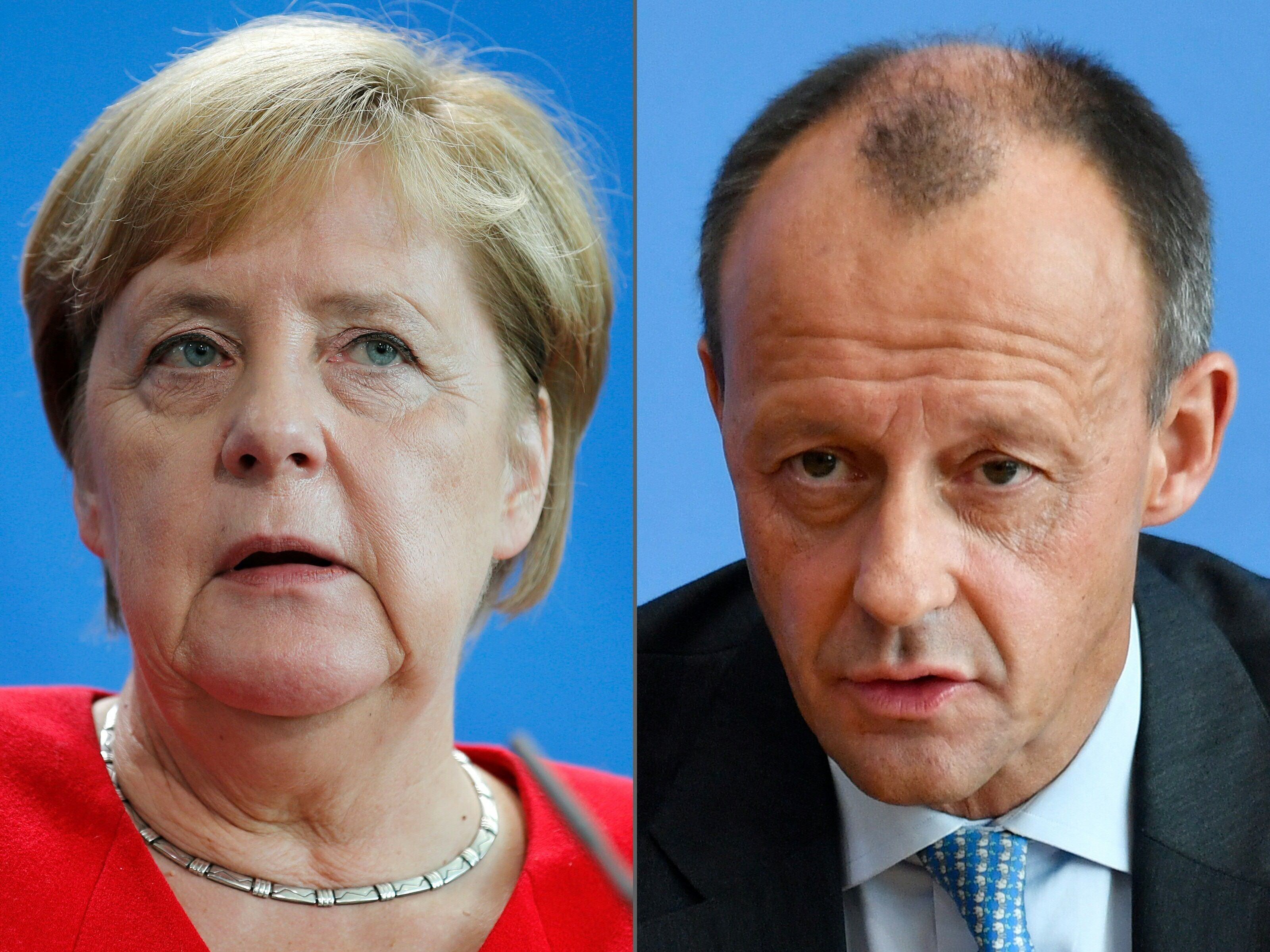 Esta combinación de imágenes creadas el 29 de octubre de 2019 muestra a la entonces canciller alemana Angela Merkel (15 de octubre de 2019 en Berlín y al entonces abogado corporativo alemán y exlíder del grupo parlamentario de la Unión Demócrata Cristiana (CDU) Friedrich Merz