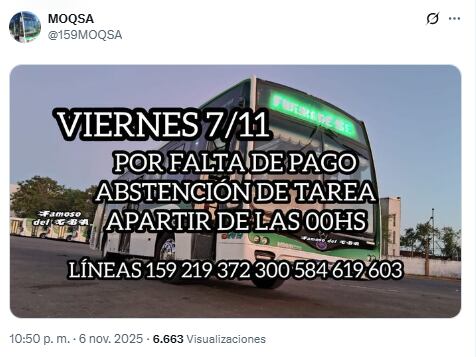 El anuncio de MOQSA sobre el paro de colectivos de este viernes 7 de noviembre