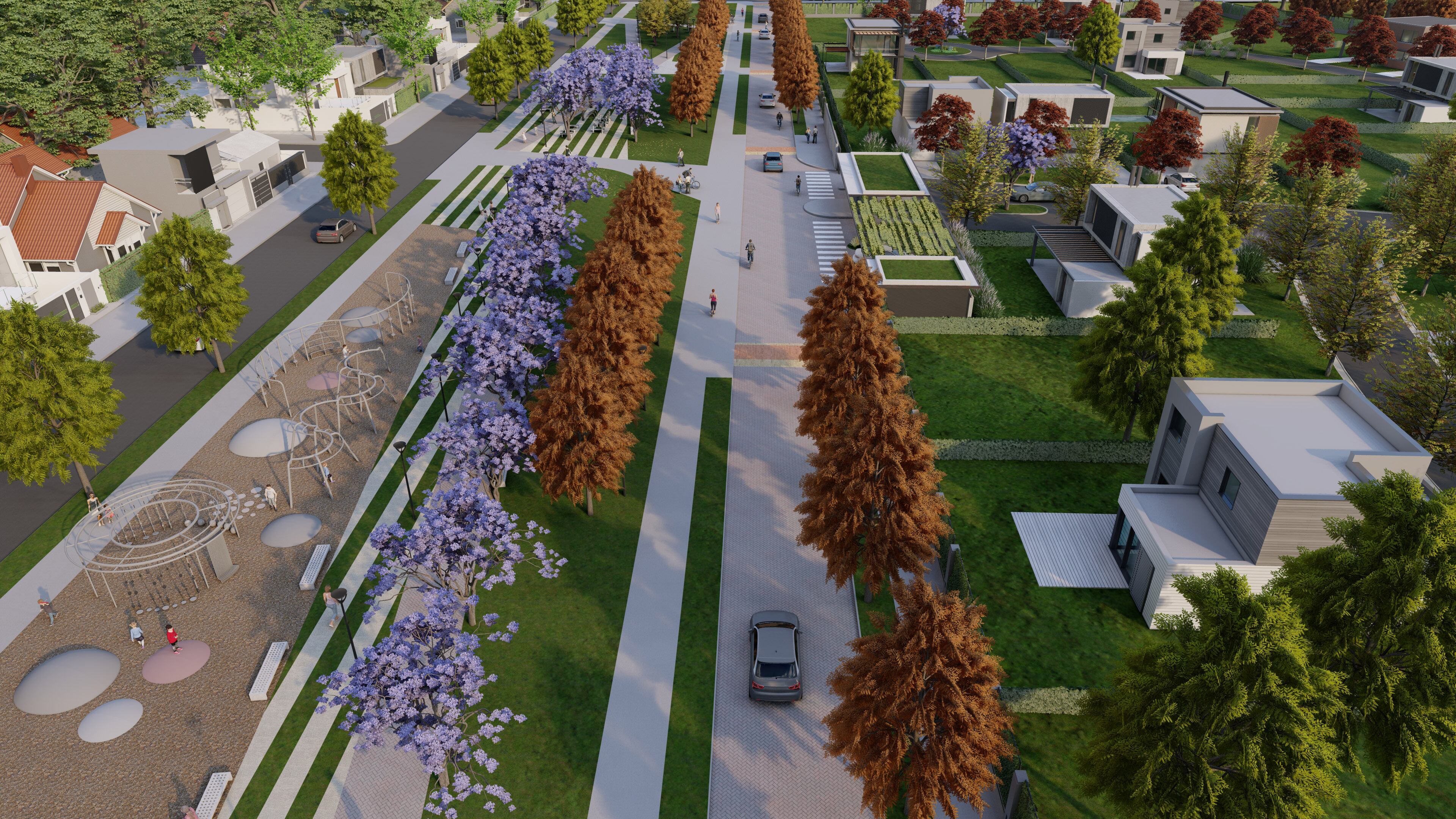 Vista del parque público lineal que se desarrollará en el frente del proyecto, sobre la calle Ipiranga. Con 22 metros de ancho y más de 600 metros de extensión, contará con áreas verdes, zonas de descanso, juegos infantiles y una bicisenda