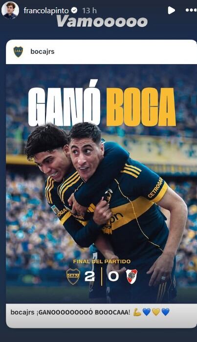 Franco Colapinto celebró el triunfo de Boca contra River