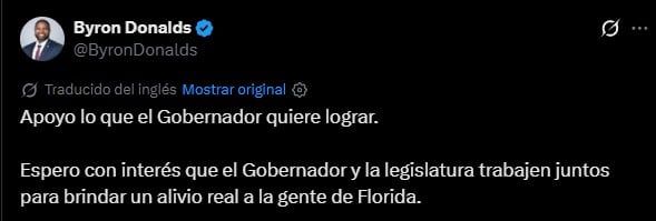 El mensaje de Byron Donalds en redes sociales