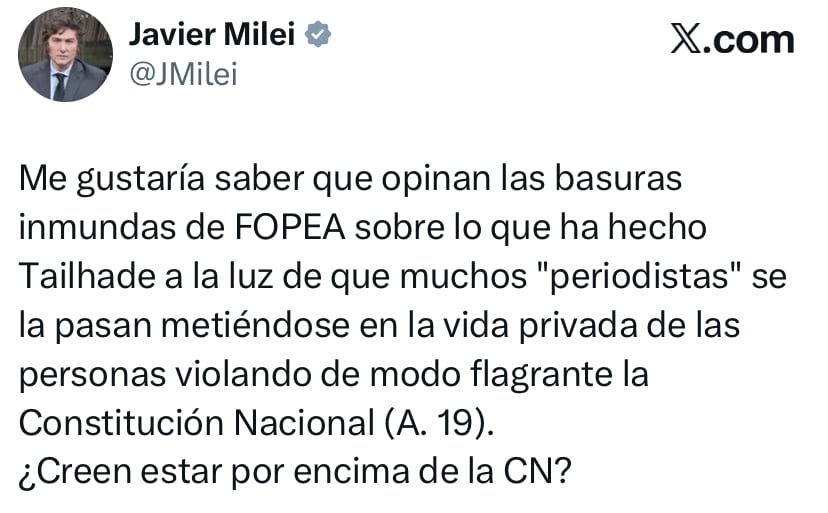 El tuit de Milei