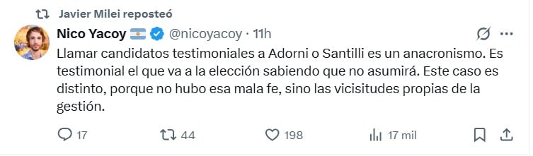 El reposteo de Milei tras ser cuestionado por las candidaturas testimoniales.