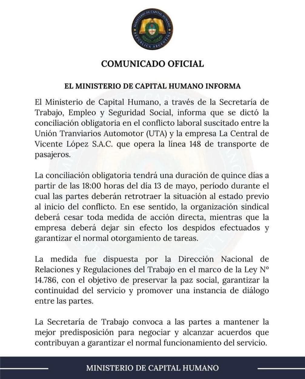 El comunicado de Capital Humano sobre la conciliación obligatoria