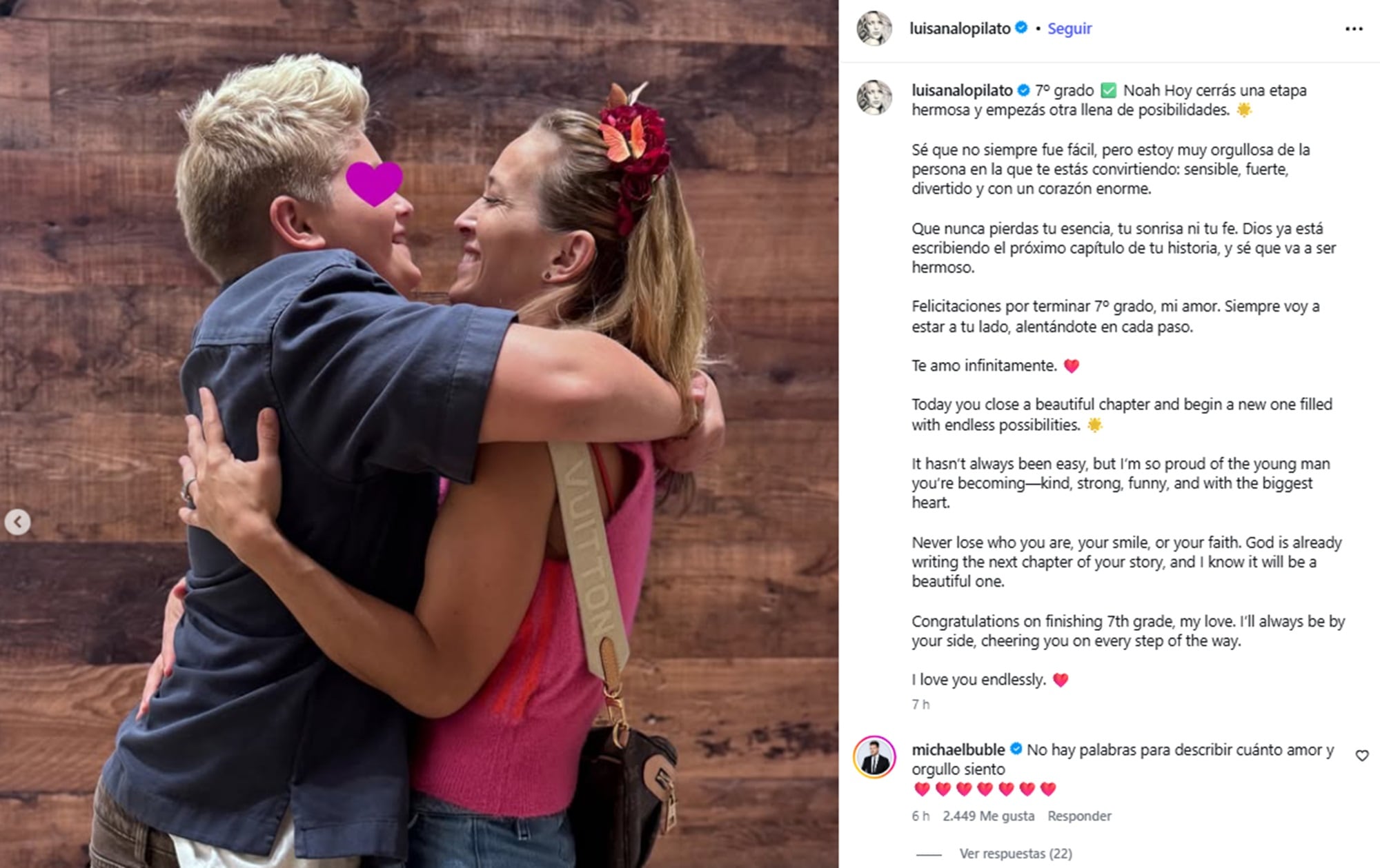 La emotiva publicación de Luisana Lopilato para su hijo Noah