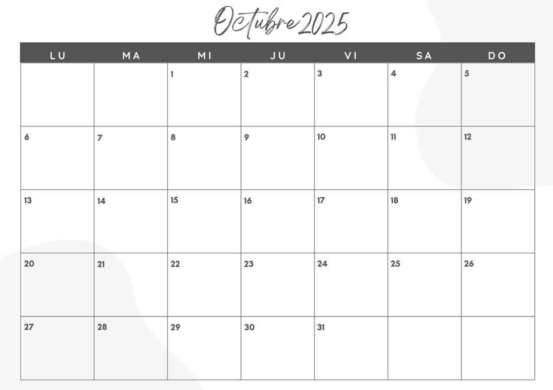 El calendario de octubre 2025 para imprimir