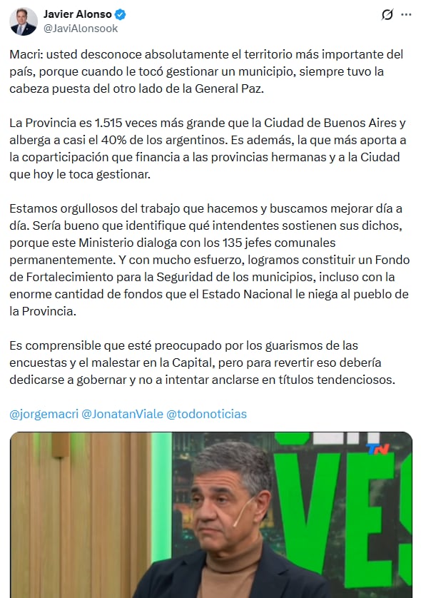 El posteo de Alonso contra Jorge Macri