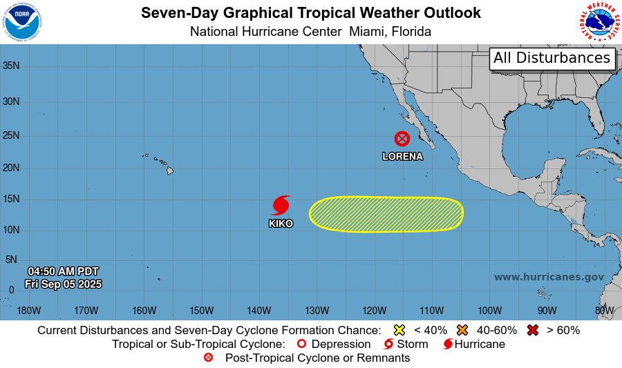 El huracán Kiko se ubica a más de 1300 millas al este y sureste de Hilo (Isla Grande de Hawai)