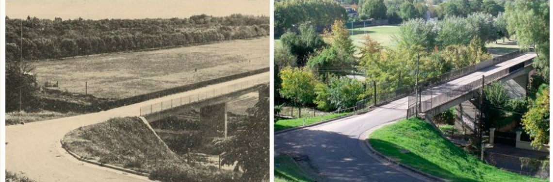 El histórico puente que conecta el colegio con el campus deportivo por sobre las vías del ferrocarril que une Delta (Tigre) con Maipú (Olivos)