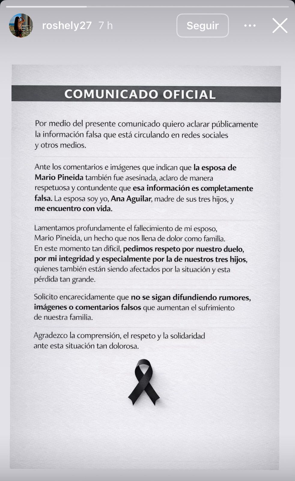 Comunicado de Ana Aguilar, esposa de Mario Pineida, el futbolista asesinado en Ecuador