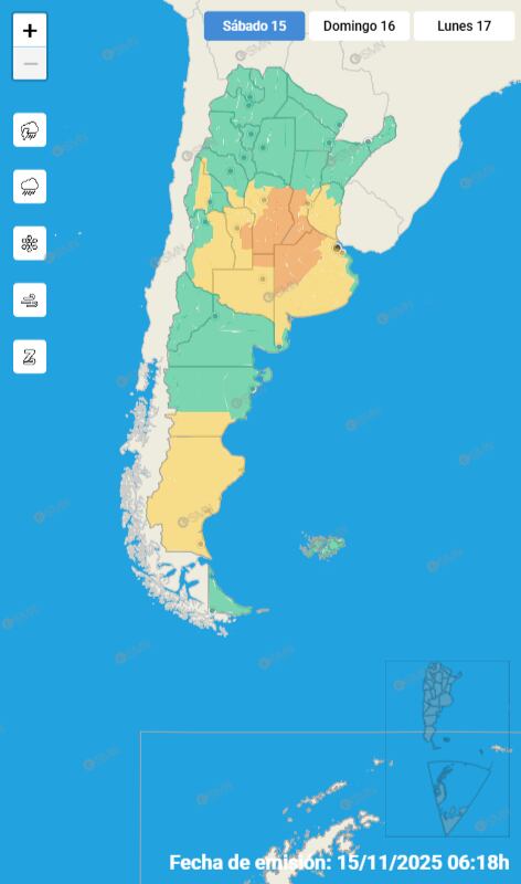 Mapa de alertas para este sábado 15 de noviembre