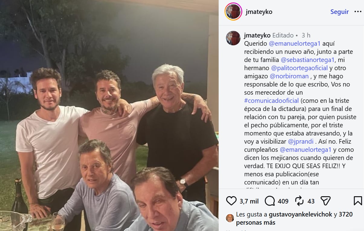 El duro posteo de Mateiko contra Julieta Prandi durante el cumpleaños de Emanuel Ortega