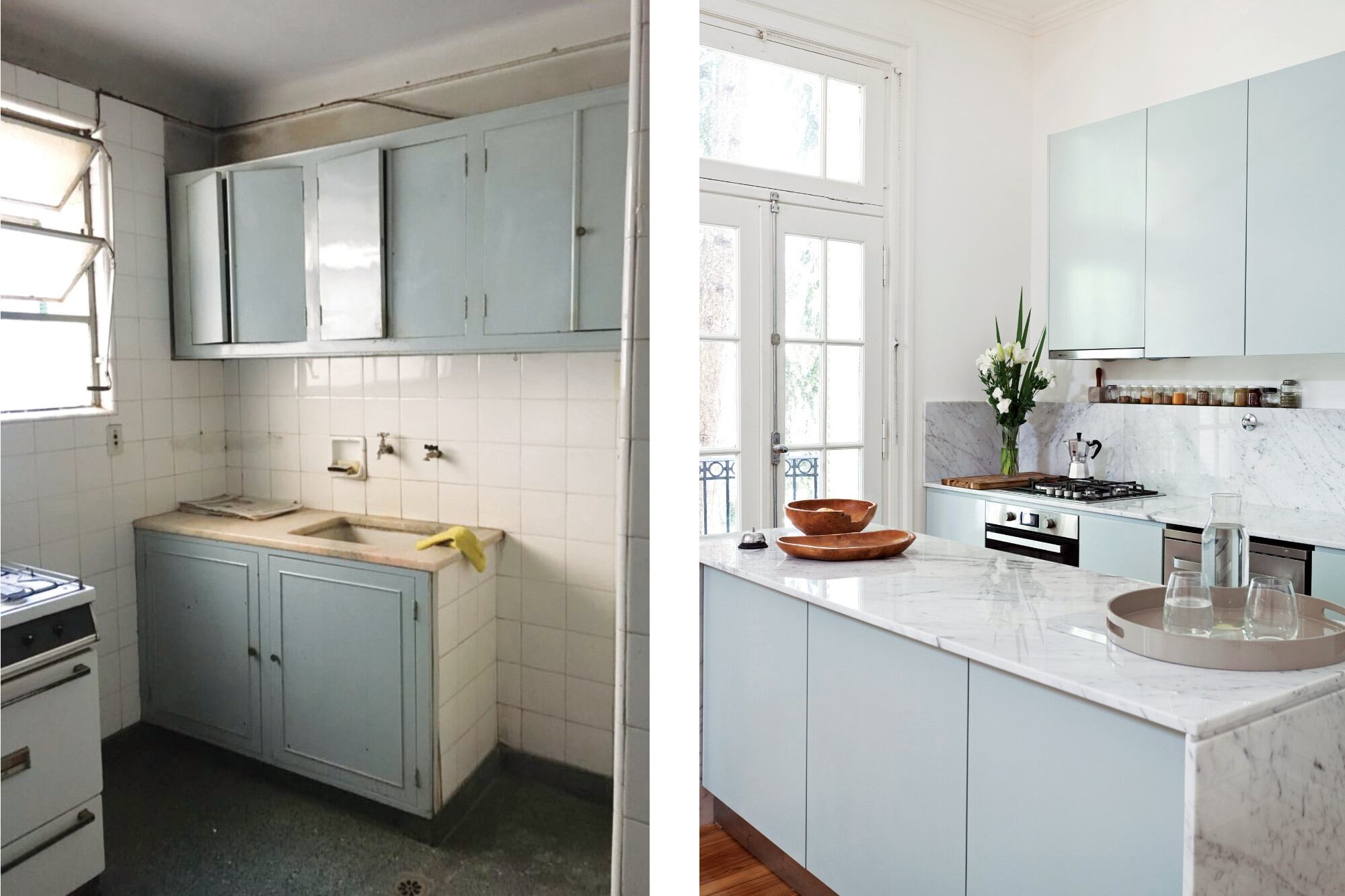 Los muebles de cocina (Estudio Trama) se pintaron con el tono ‘Sea Salt’ de Sherwin Williams. Con mesada de mármol de Carrara (Forte dei Marmi), la isla ofrece más lugar de trabajo y apoyo a la cocina, y contribuye a separar los ambientes.