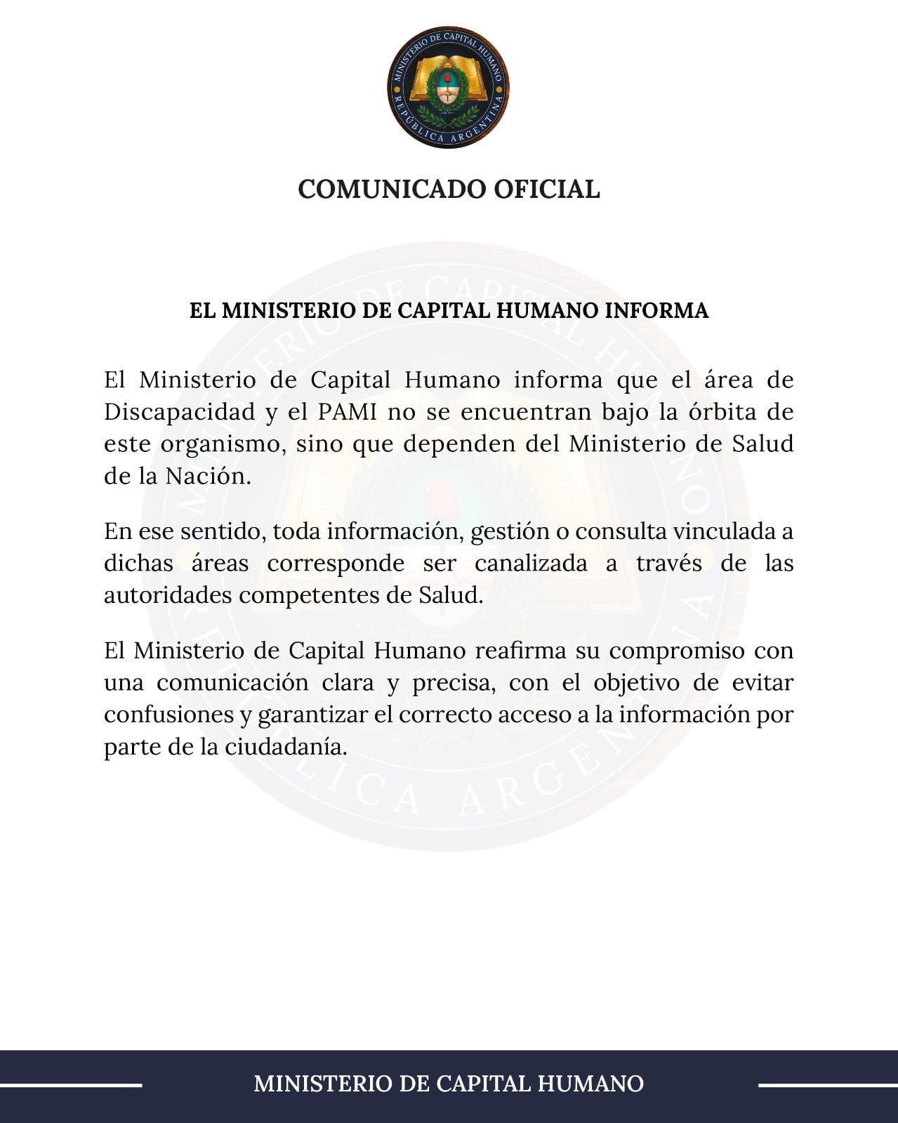 El comunicado del Ministerio de Capital Humano