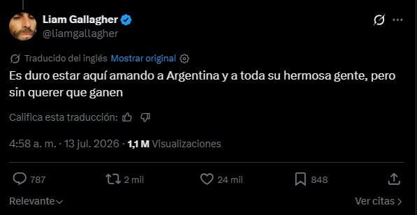 El mensaje en X de Liam Gallagher sobre la Argentina