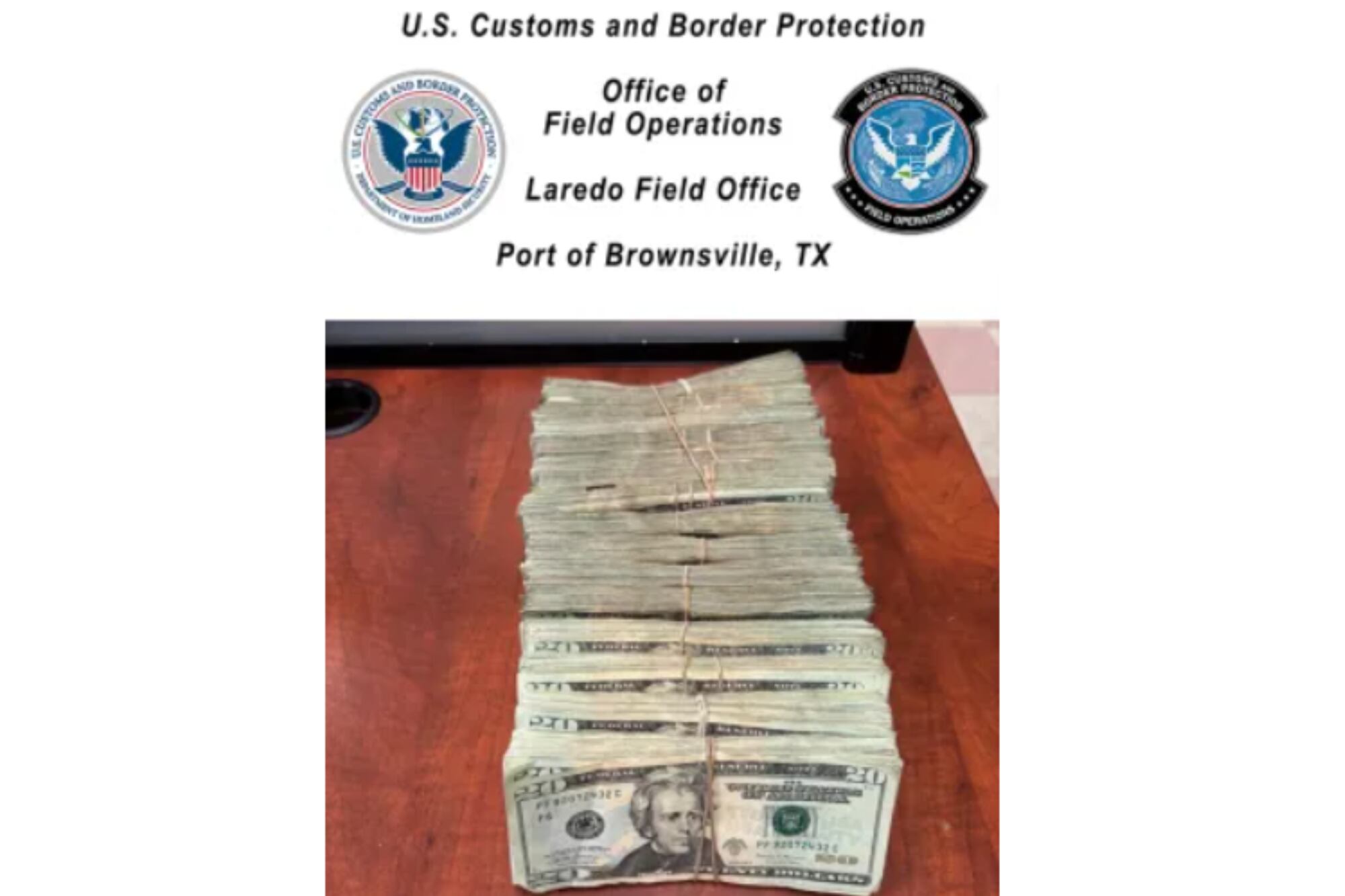 Oficiales de la CBP incautaron US$74.103 en efectivo no declarado durante una inspección en el Puente Internacional de Brownsville y Matamoros