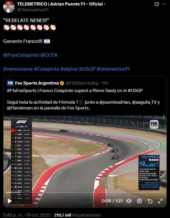 Adrián Puente celebró el sobrepaso de Colapinto a Gasly en la vuelta 53 del Gran Premio de Estados Unidos