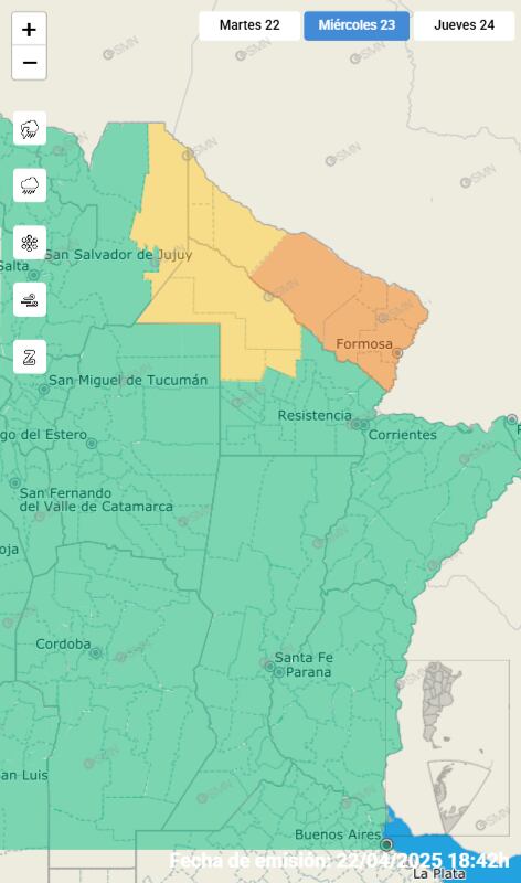 Las alertas emitidas por el Servicio Meteorológico Nacional para este miércoles 23 de abril