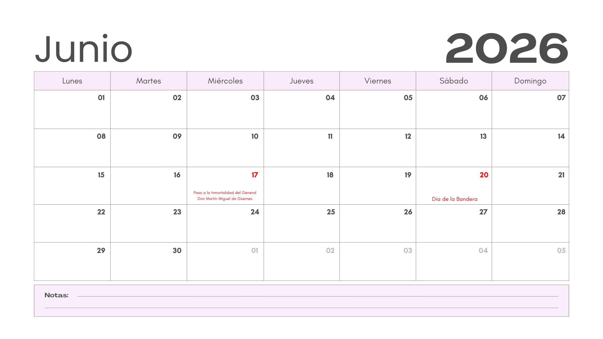 Calendario de junio 2026