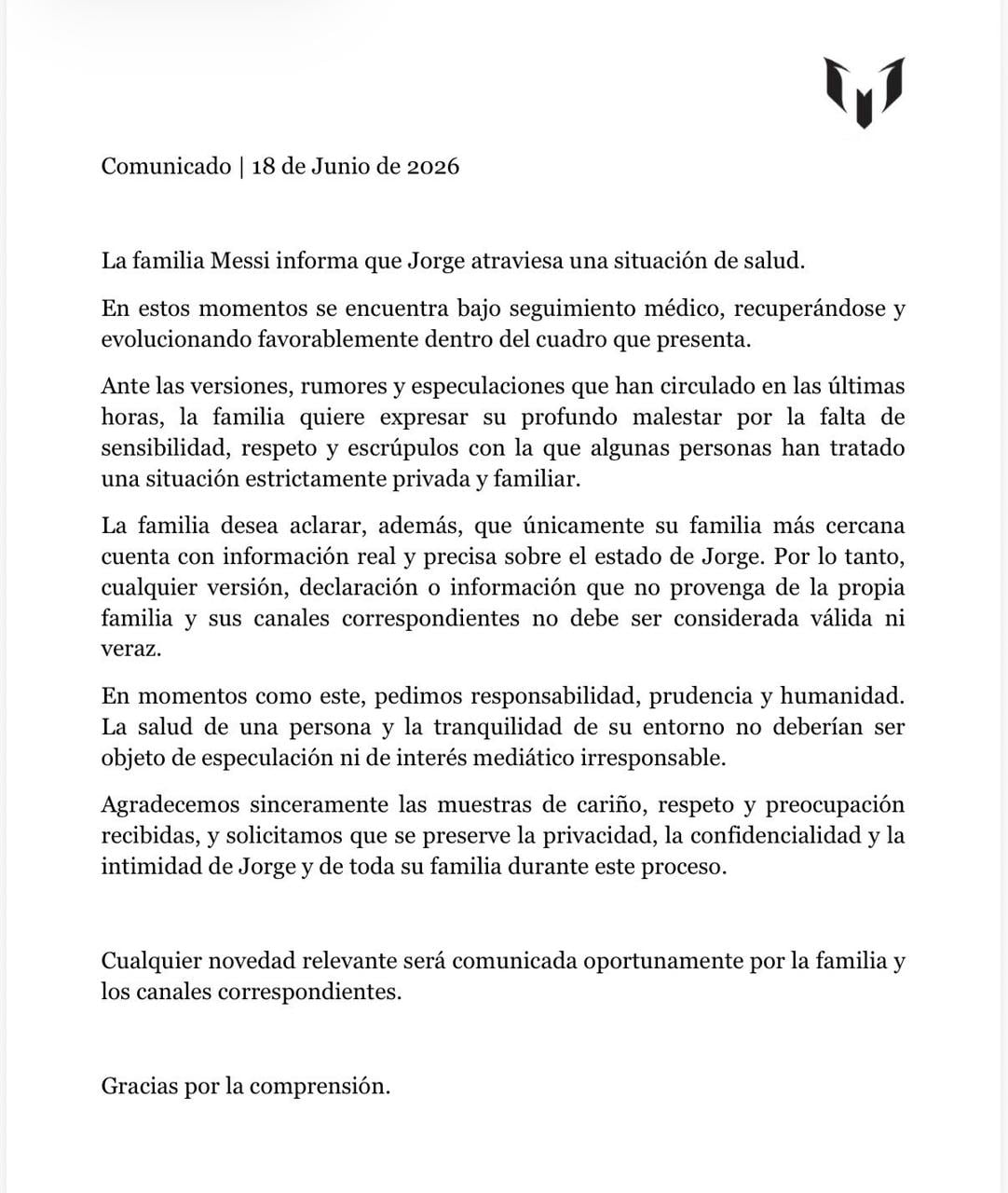 El comunicado completo de la familia Messi por la salud del padre de Lionel