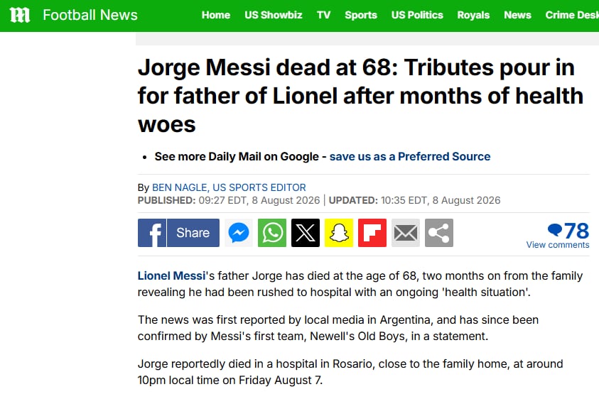 Daily Mail reaccionó al fallecimiento de Jorge Messi (Foto: Captura)