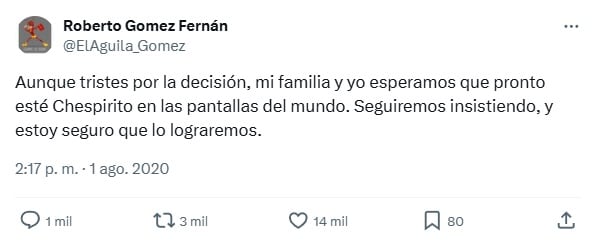 Roberto Gómez Fernández heredó los derechos de autor de Gómez Bolaños después de su fallecimiento (X/@ElAguila_Gomez)