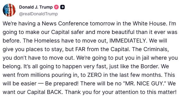 Donald Trump afirmó en Truth Social que las personas sin hogar serán trasladadas fuera de la ciudad