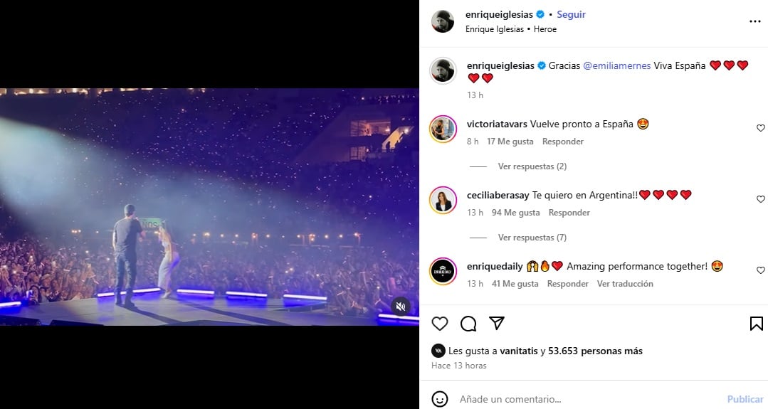 El posteo de Enrique Iglesias en agradecimiento a Emilia Mernes