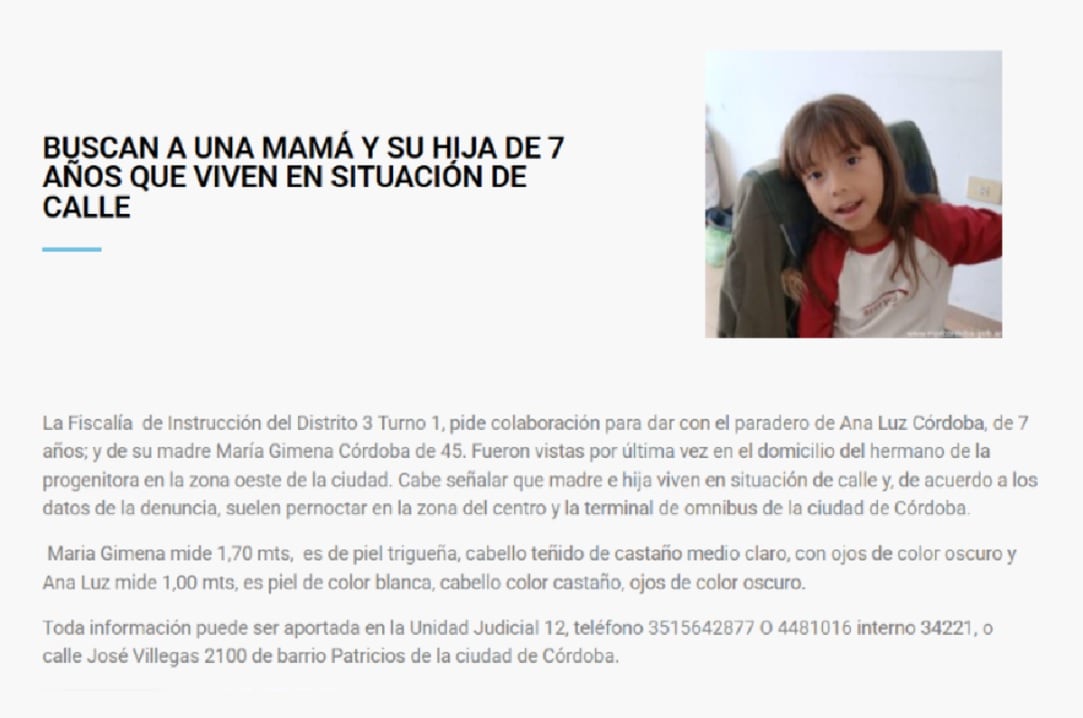 Buscan a una mujer y a su hija de siete años que desaparecieron en Córdoba María Gimena Córdoba (45) y Ana Luz Córdoba (7) son buscadas en Córdoba. Fueron vistas por última vez en el domicilio de un familiar