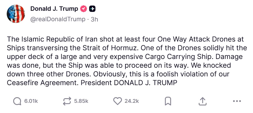 Publicación del presidente norteamericano, Donald Trump. Fuente: Truth Social