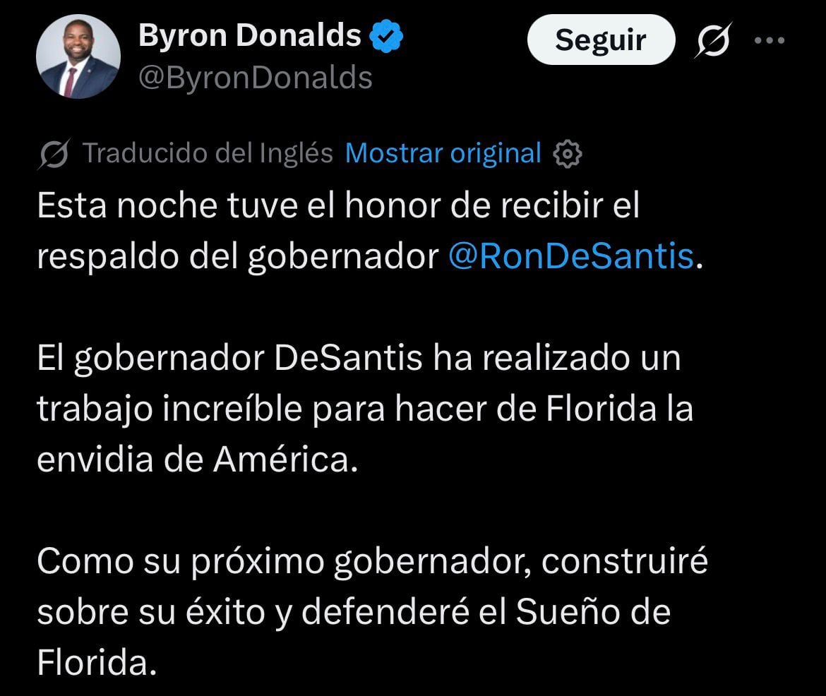 Byron Donalds agradeció el respaldo de Ron DeSantis de cara a las elecciones para gobernador de Florida de 2026 y aseguró que buscará continuar con el rumbo del actual mandatario.