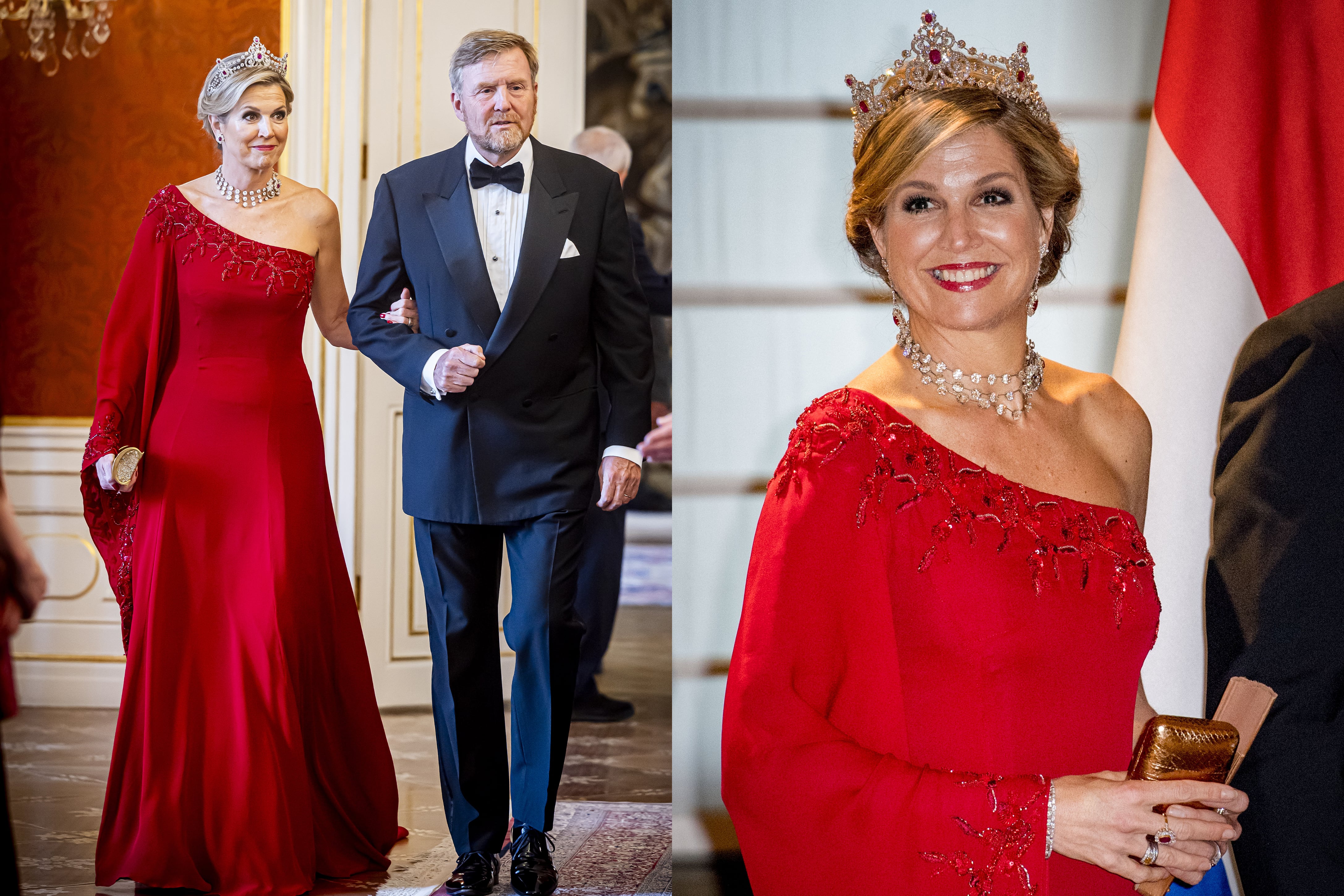 En junio, en la recepción ofrecida por el presidente de la República Checa, Petr Pavel, en Praga, impactó con un vestido de escote asimétrico firmado por Jan Taminiau. Es el mismo modelo que había elegido para un banquete de Estado en el Palacio de Quirinale de Roma, en 2017. En ambas oportunidades usó la tiara Mellerio con rubíes.