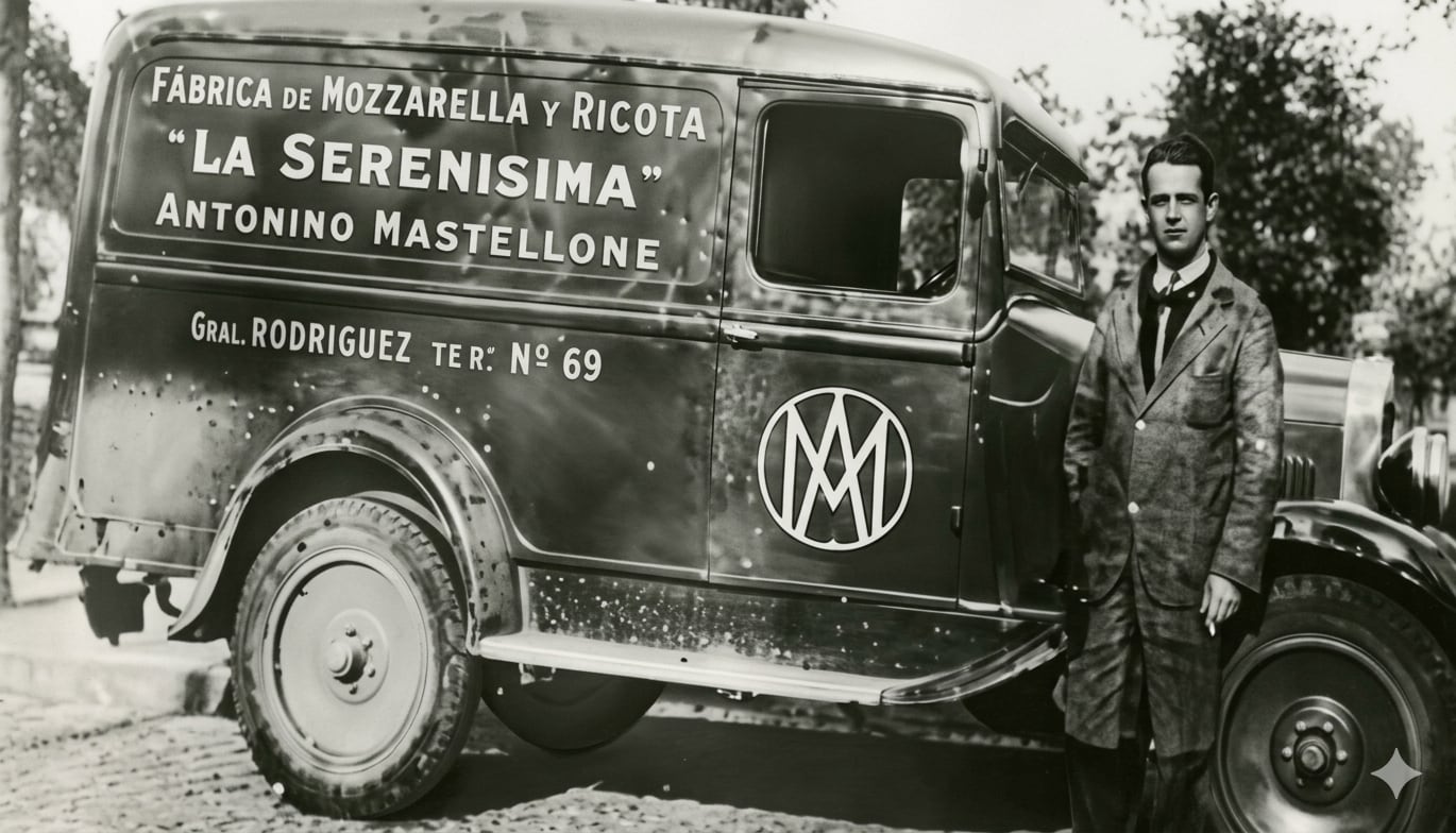 En 1935, Mastellone compró un camión usado que con el tiempo se convertiría en la base de lo que luego sería la flota de distribución de la empresa (imagen mejorada con IA)