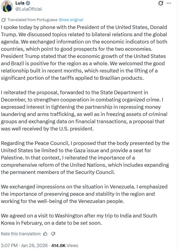 Lula conversó con Trump sobre el Consejo de Paz