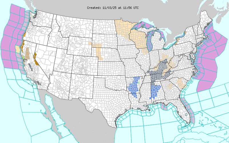 El NWS mantiene advertencias de heladas en condados del sur como Wilcox, Clarke y Choctaw en Alabama, y Wayne en Mississippi