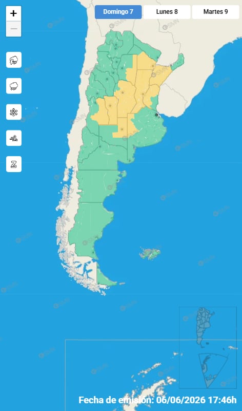 Las alertas emitidas por el SMN para este domingo 7 de junio
