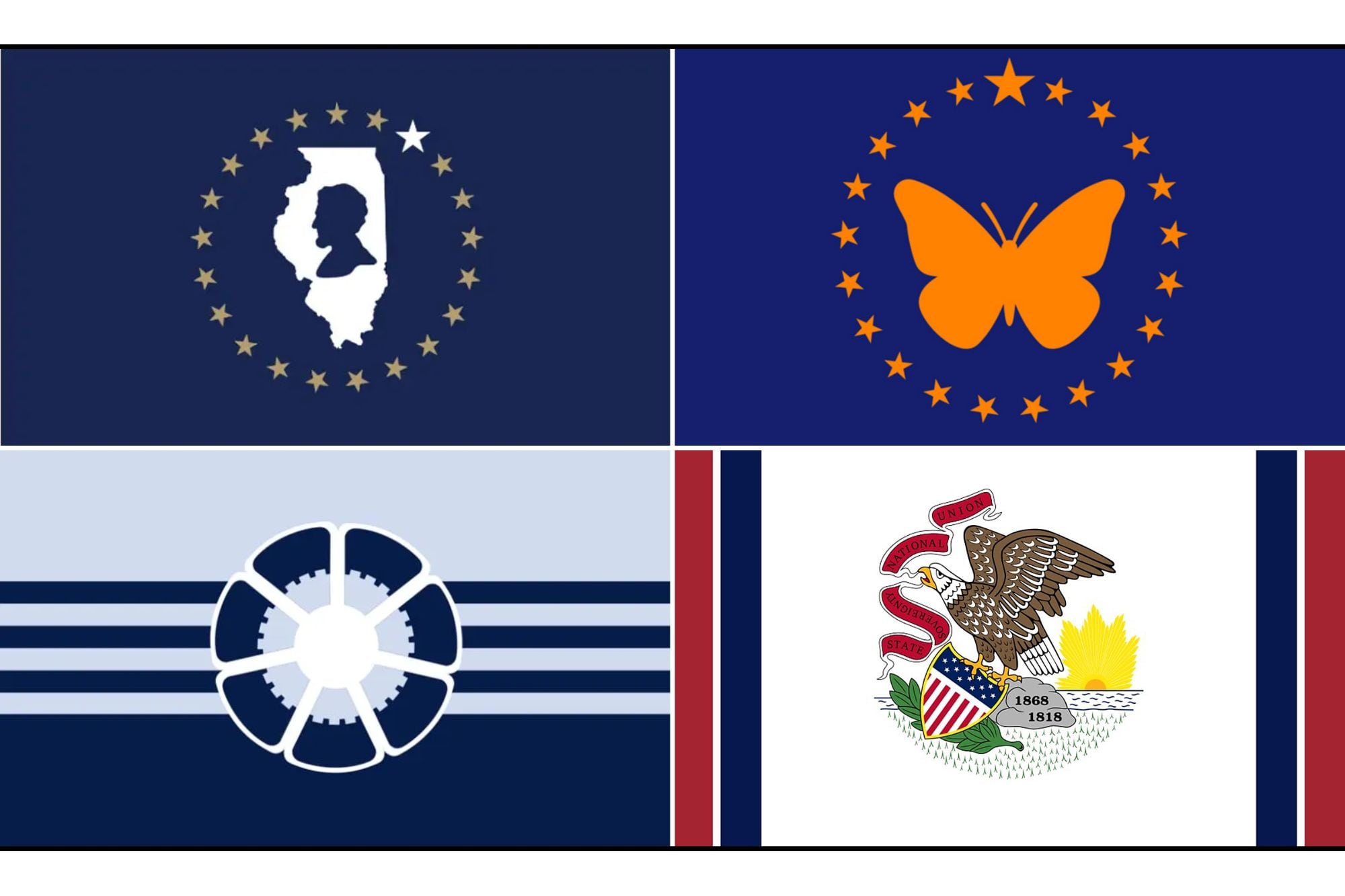 Las opciones finalistas incluyen la figura de Abraham Lincoln, imágenes de la mariposa o la flor del estado, y un diseño casi idéntico al actual