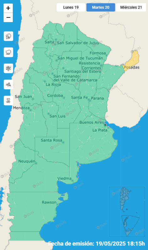 Las alertas emitidas por el SMN para este martes 20 de mayo.