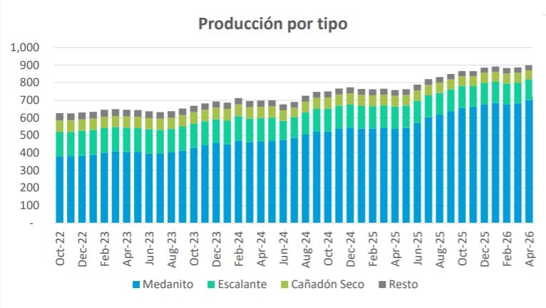 La producción de petróleo en la Argentina alcanzó niveles récord durante el último año, impulsada por el fuerte crecimiento del crudo Medanito, proveniente mayormente de Vaca Muerta. El incremento del shale permitió llevar la extracción total hasta cerca de los 900.000 barriles diarios y consolidó un cambio estructural en la matriz productiva del sector hidrocarburífero. (Daniel Montamat)