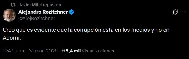 El retuit de Javier Milei a favor de Manuel Adorni