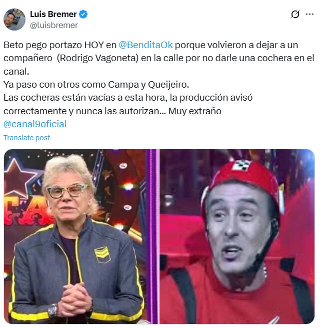 Luis Bremer en su cuenta de X sobre la ausencia al programa de Beto Casella