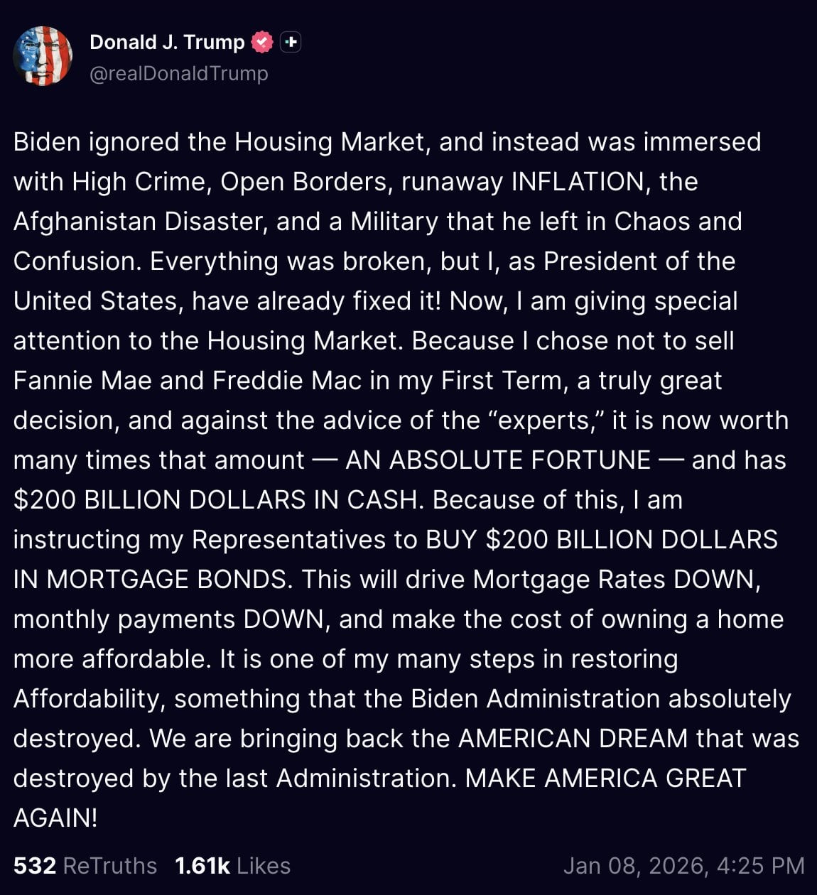 Según Trump, esta medida reducirá las tasas hipotecarias