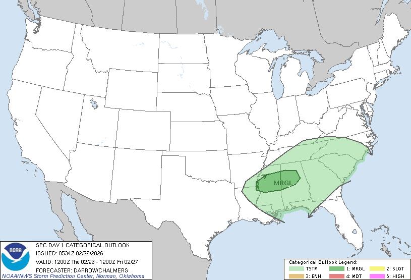 ClimaEl Centro de Predicción de Tormentas (SPC) ha emitido una alerta de riesgo marginal para el norte de Mississippi y Alabama, donde la energía convectiva diurna podría disparar tormentas aisladas con potencial de caída de granizo durante la tarde