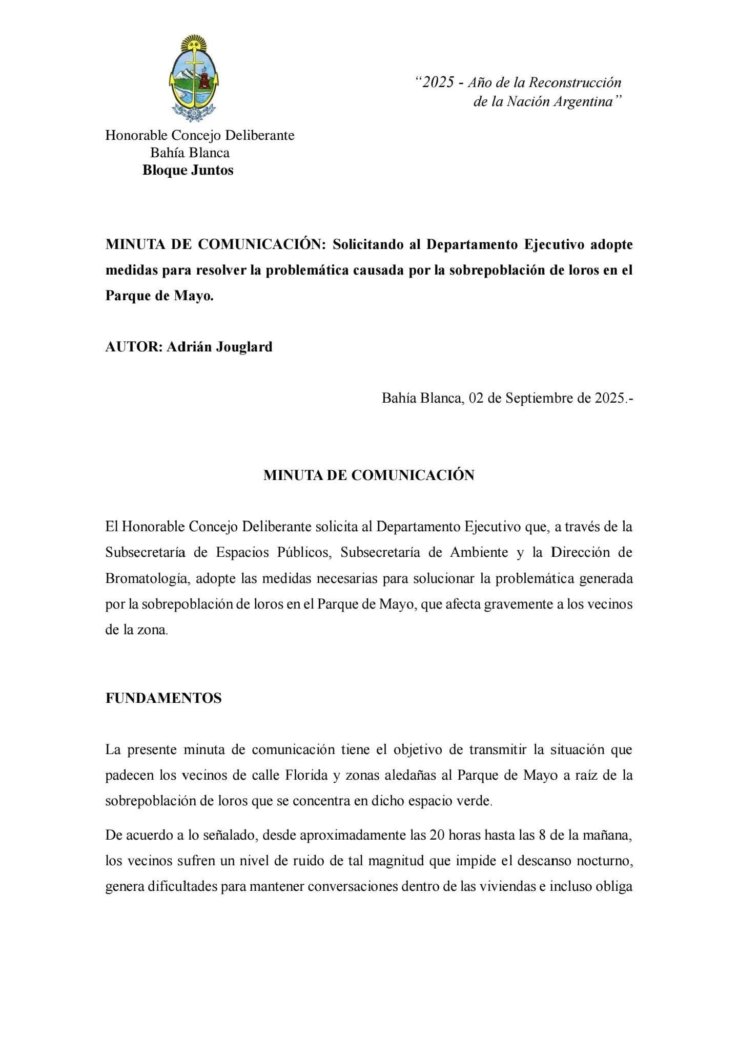 La iniciativa de Adrián Jouglard que exige una pronta solución a la problemática de la sobrepoblación de loros