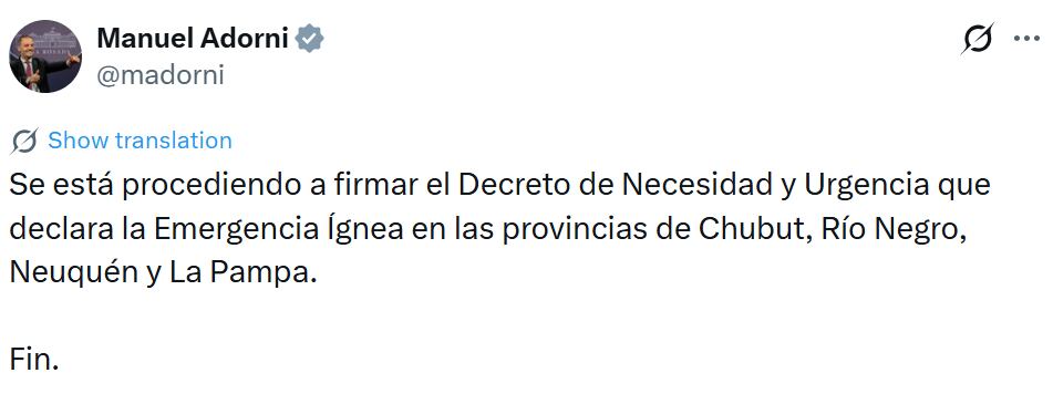 El jefe de Gabinete, Manuel Adorni, anunció la firma del decreto para asistir a las provincias del sur tras la reunión de la mesa política en Casa Rosada (X: @madorni)