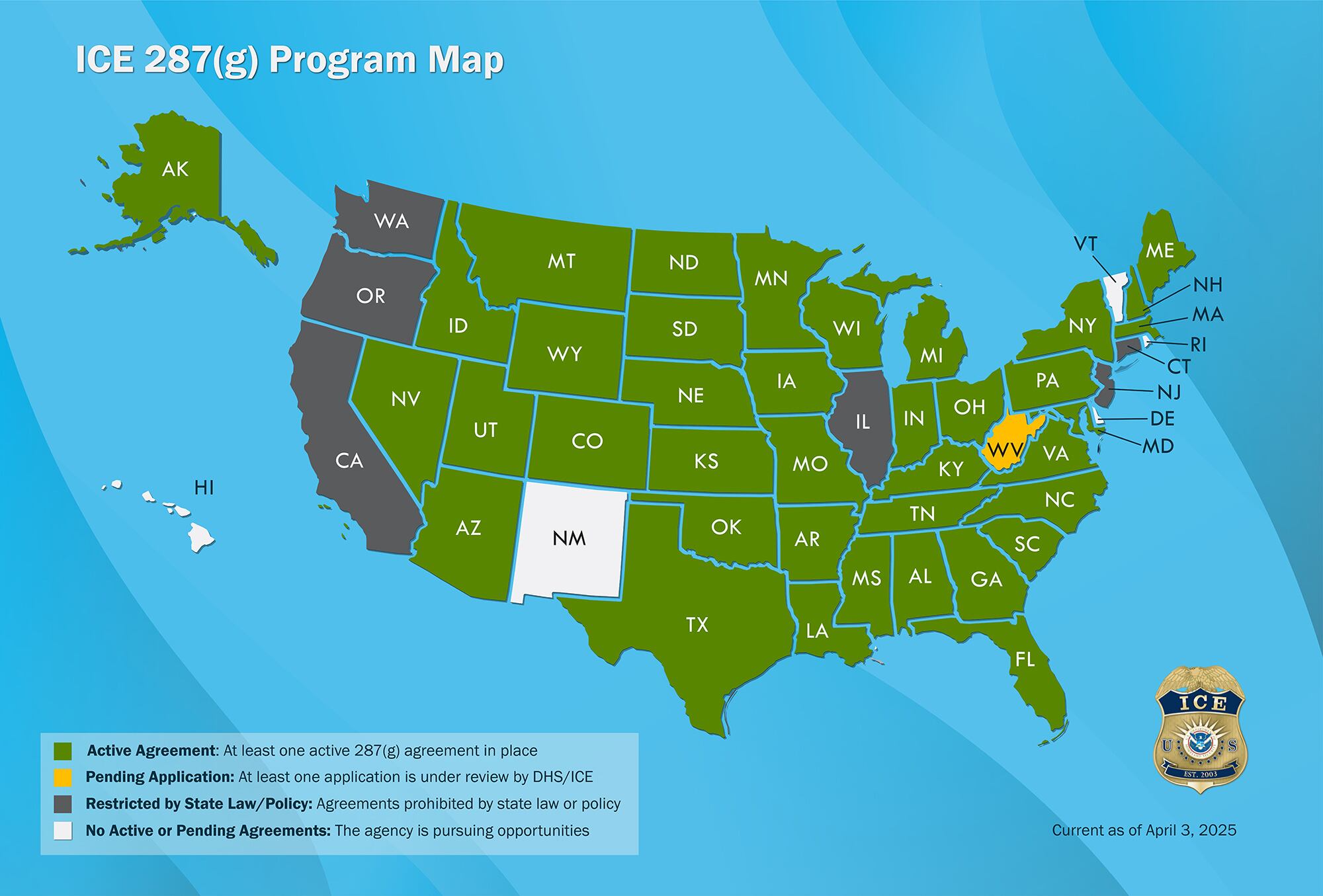 El programa 287(g) de ICE opera en 38 estados con policías locales entrenados para funciones migratorias